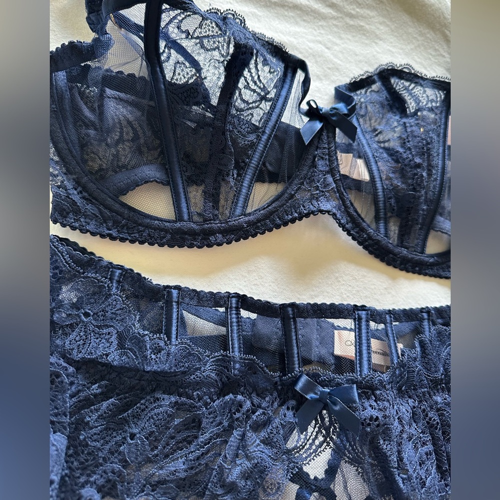 NWT Agent Provocateur Rozlyn Navy Balconette and Garter Thong Set 38E & 6 Rare - Picture 6 of 17